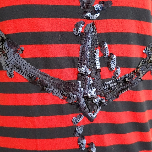 DKNY blue and red striped short sleeve top sequin anchor sz. Sml - Picture 5 of 6